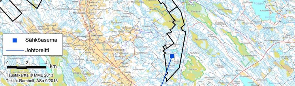 matkaltaan olemassa olevien 400 kv -ilmajohtojen viereen (kuva 9 alareuna). Toholampi-Lestijärvi tuulipuistohankkeen nk.