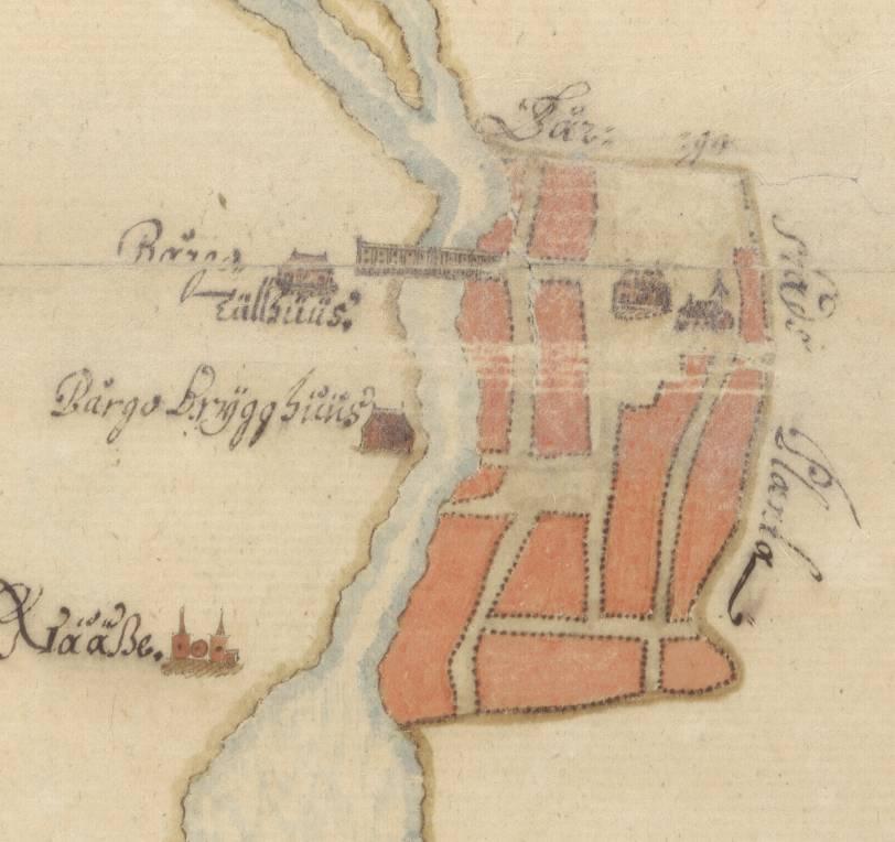 Kuva 2. Porvoon kaupunki vuoden 1652 kartalla. Raatihuoneentori näkyy kaupungin keskellä tyhjänä alueena.