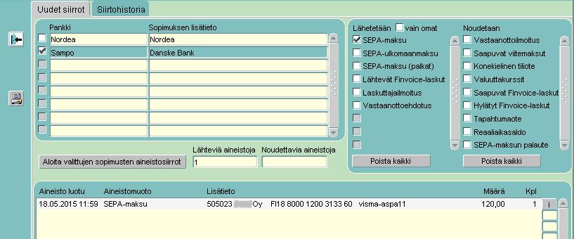 Lähetä pankkiin painike vie suoraan Fivaldi pankkiyhteysruudulle,