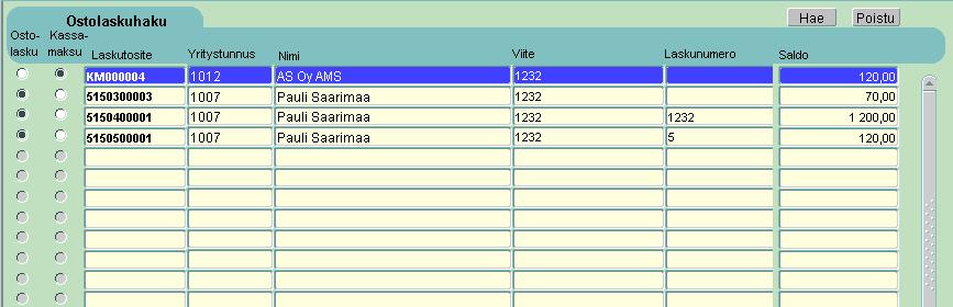 Luo tyhjä maksatuserä toiminto Ostolaskuhaku ruudulle on lisätty rivikohtainen tieto onko kyseessä ostolasku vai kassamaksu. Hae painike tuo esiin kaikki maksut.
