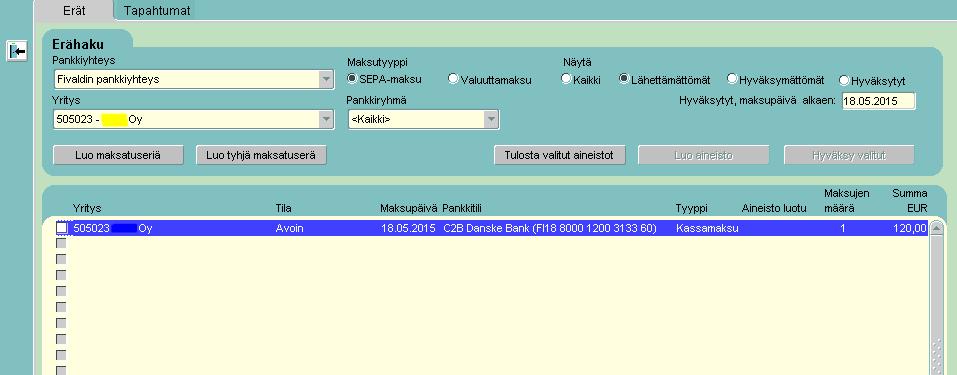 Erät / Tapahtumat Erät ruudulla aineisto käsitellään kuten ostolaskutkin.