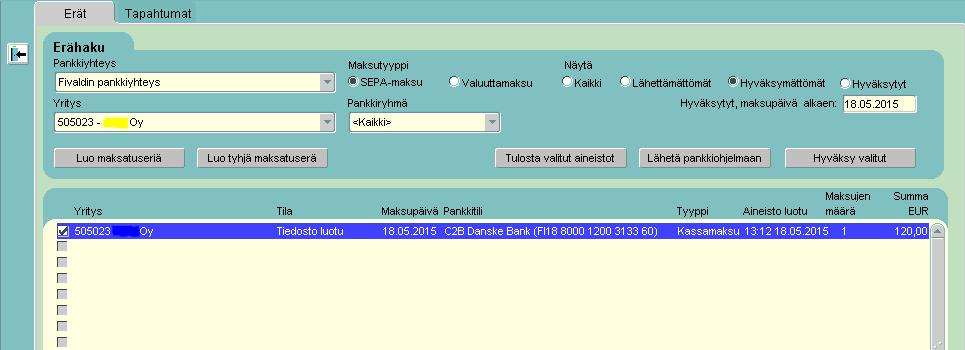 1.4.3 Kassamaksun hyväksyminen Erät ruudulla aineisto hyväksytään kuten ostolaskutkin. Valitse pankkiyhteys, pankkiryhmä ja aineisto. Lopuksi Hyväksy valitut.