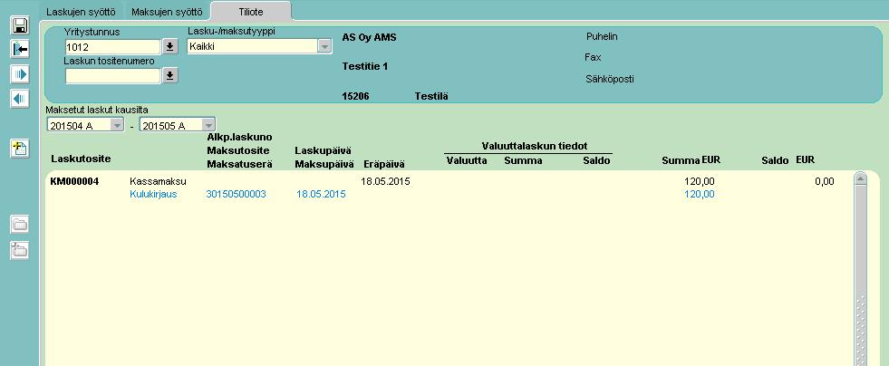 Kun kassamaksu on hyväksytty, tiliote ruudulla lukee Kulukirjaus.