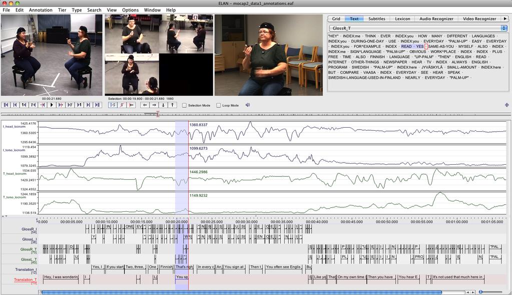 Linguis'c annota'on in ELAN Kinect data The Kinect data consist of a low- quality RGB video, augmented with a 16 Hz infrared video, and a