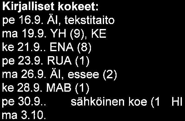 Pälkäneen lukio Sivu 5/9 Kirjalliset kokeet: pe 16. 9. Al, tekstitaito (2) ma 19. 9. YH (9), KE (4)ja TE (5) = yht. 8 ke 21. 9.. ENA (8) pe 23. 9. RUA(1) ma 26. 9. Al, essee (2) ke28. 9. MAB(1) pe 30.