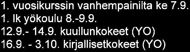 vuosikurssin vanhempainilta ke 7. 9. -1. lkyökoulu8. -9. 9. -12. 9. -14. 9. kuullunkokeet (YO) -16. 9. - 3. 10.