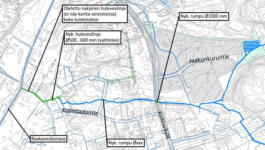 3: Uuden asemakaava-alueen hulevedet vastaanottava oja on alaosassaan putkitettu (halkaisija vaihtelee 500 600 mm välillä). Putken alaosa puuttuu kartta-aineistoista.