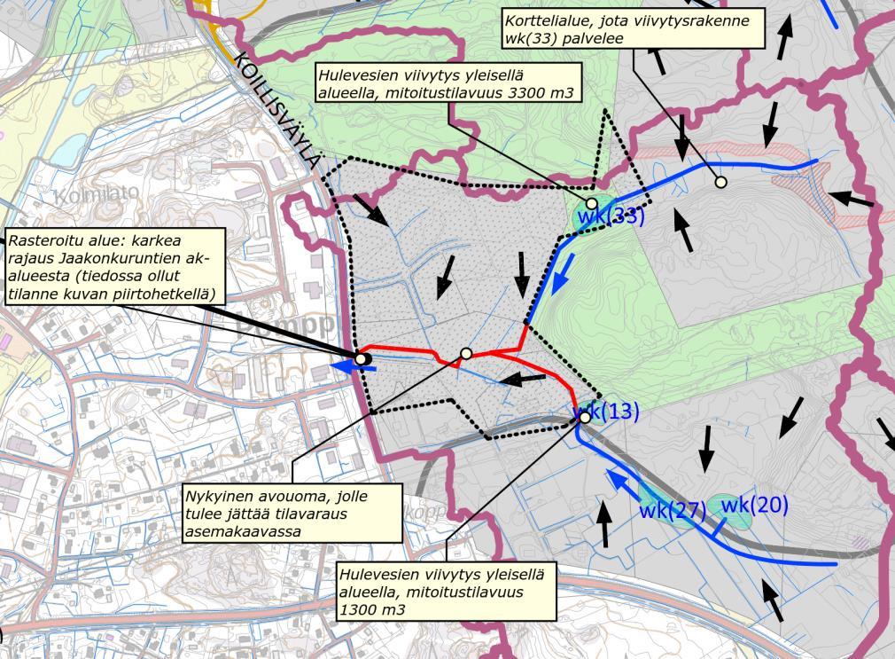 4 Kuva 2.4: Suunnittelualueelle esitetty hulevesien hallinta OYK-tasolla (lähde: Koillisen OYK:n hulevesiselvitys, Ramboll 2016).
