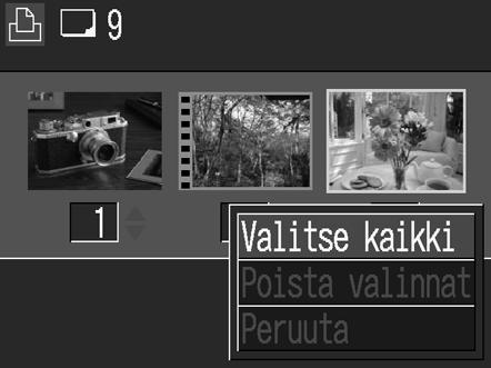 Muita toimintoja Kun tulostustyypiksi (s. 100) on asetettu [Luettelokuva], valitse kuva nuolipainikkeella tai ja merkitse kuvat tai poista niiden merkinnät nuolipainikkeella tai.