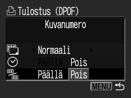 Jos olet valinnut tulostustavaksi [Luettelokuva], et voi samaan aikaan valita [Päiväys]- ja [Kuvanumero]- asetuksen arvoksi [Päällä].