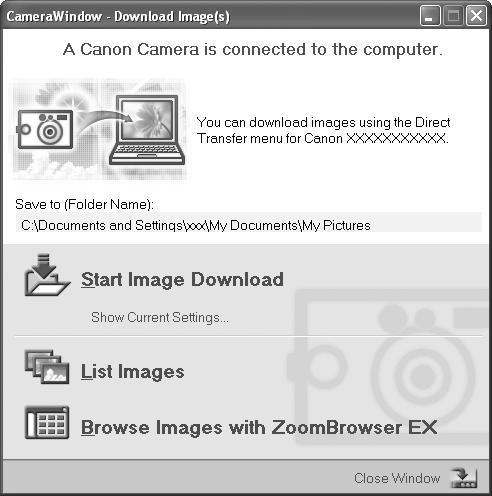 Kuvien lataaminen tietokoneen ja tietokoneohjelman avulla: Lisätietoja on Canon Digital Camera Software Starter Guide Disk