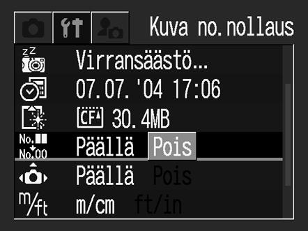 Muita toimintoja Kuvanumeroinnin muuttaminen Valitse kuvanumeron asetustapa. Päällä Pois Kamera palauttaa kuvanumeroksi 100-0001 aina, kun asennat uuden (käyttämättömän) CF-kortin.