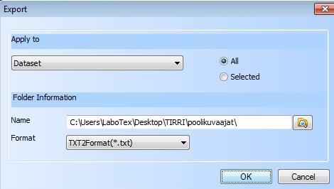 LIITE 1 (8) Aukeaa Export - ikkuna: Valitaan Dataset ja All. Sen jälkeen valitaan kansio, mihin tiedostot tallennetaan. Tämän jälkeen valitaan formaatti TXT2Format(*.txt).