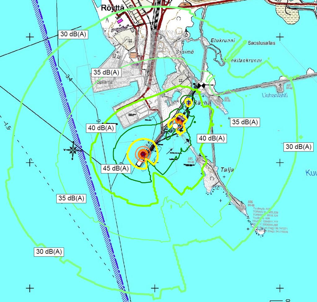 Tornion Röyttän LNG-terminaalin asemakaavan muutos 25.1.2016 21 (26) Kuva 13. Melutasot laivan lastin purkuhetkellä. Kuvaan on merkitty tumman vihreällä 45 db melutaso.