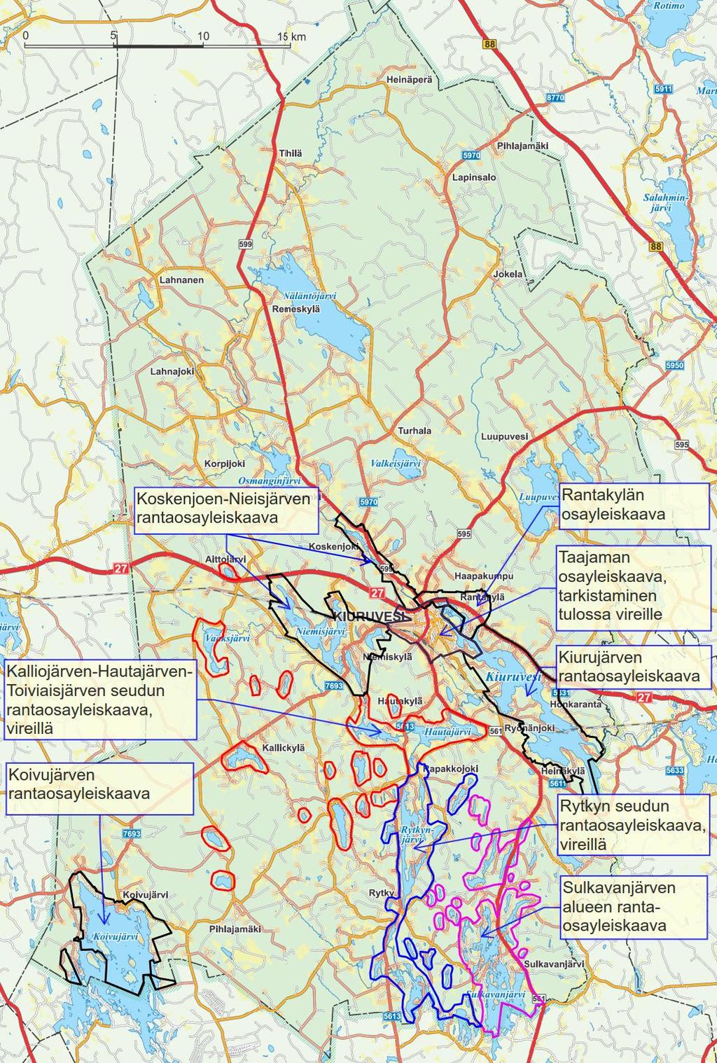 5 (13) Voimassa olevien, vireillä olevien ja vireille tulevien yleiskaavojen aluerajaukset.