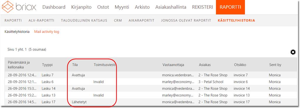 Sarakkeet voidaan järjestää napsauttamalla kutakin sarakeotsikkoa. Tilatiedot päivittyvät, kun viestejä vastaanotetaan ja avataan.