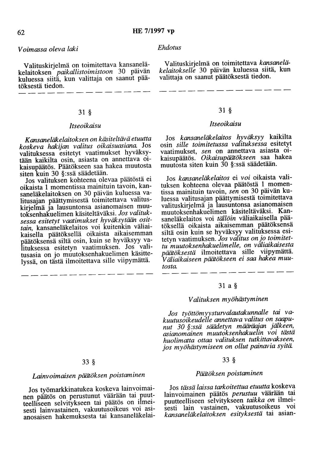 62 HE 7/1997 vp Valituskirjelmä on toimitettava kansaneläkelaitoksen paikallistoimistoon 30 päivän kuluessa siitä, kun valittaja on saanut päätöksestä tiedon.