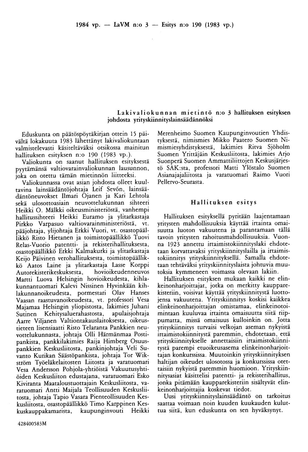 1984 vp. - LaVM n:o 3 - Esitys n:o 190 (1983 vp.