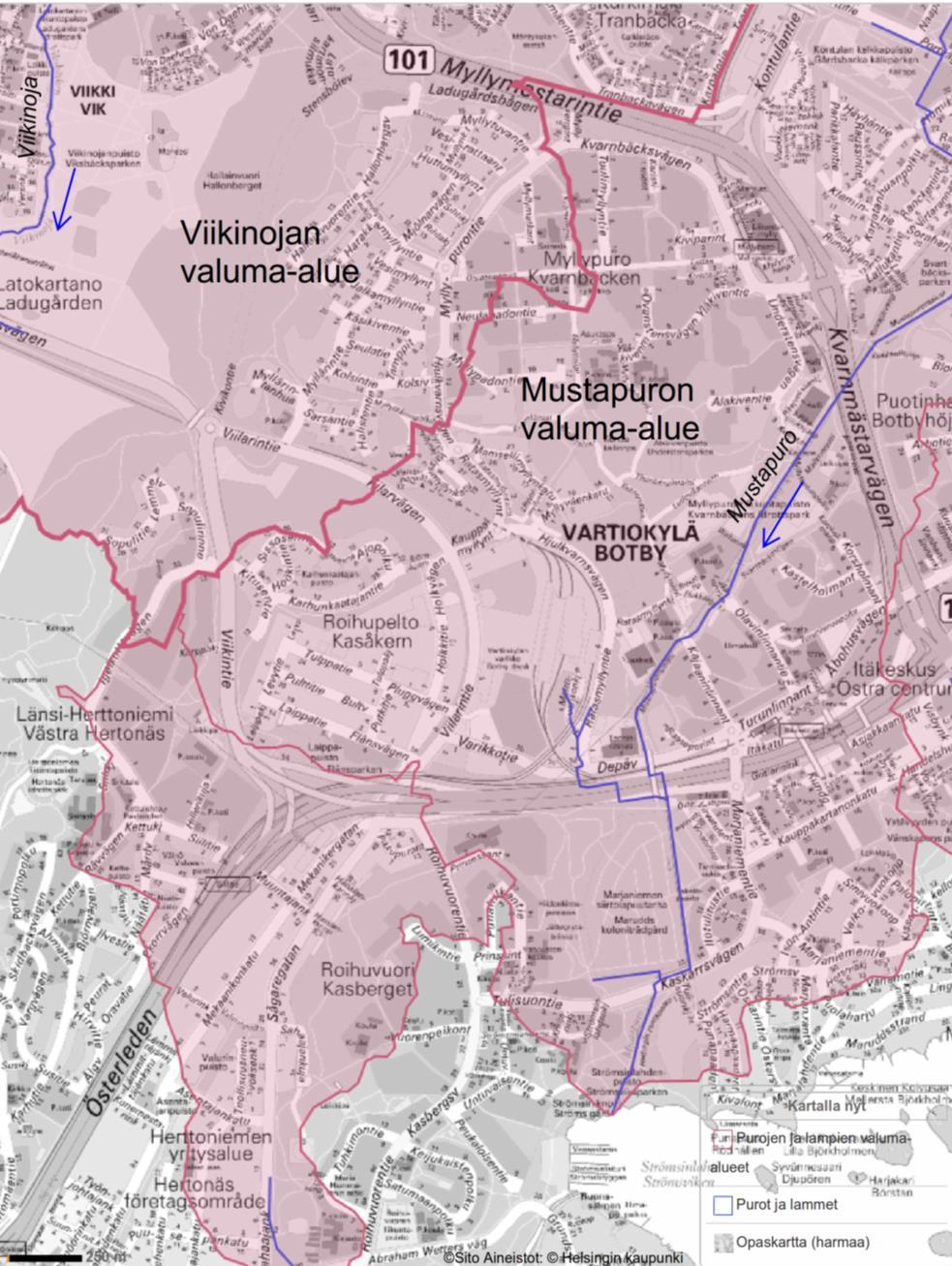 17/57 Kuva 12. Valuma-alueet aluesuunnitelman alueella. (Helsingin karttapalvelut). Mustapuron vedenlaatu on ollut Helsingin puroihin verrattuna keskitasoa.