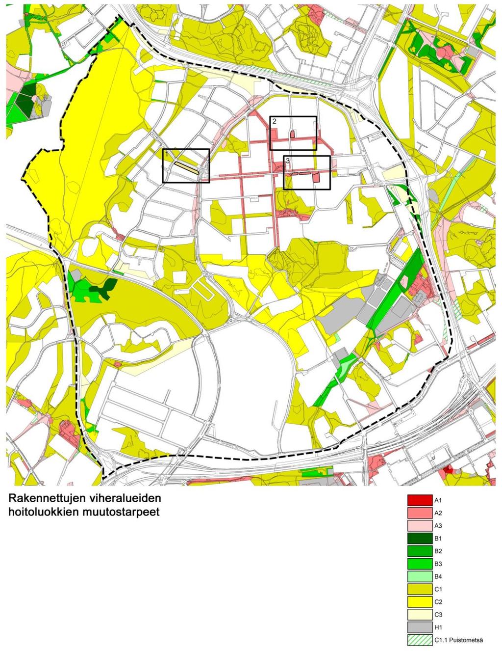 Myllypuron, Puotinharjun ja Roihupellon Suunnittelutoimisto 2.5 23/57 16.12.2015 Hoitoluokkien muutostarpeet 4 Tarveselvityksessä on tunnistettu vain muutama viheralueiden hoitoluokkien muutostarve.