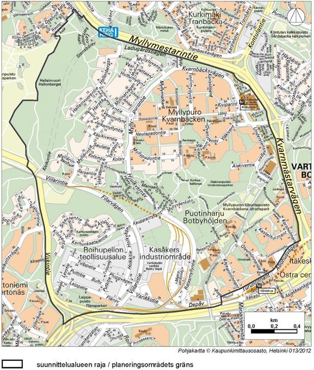 4/57 1 Perustiedot 1.1 Suunnitelma-alue Suunnitelma-alue sijaitsee 45. kaupunginosassa Vartiokylässä itäisen suurpiirin alueella Itä-Helsingissä.