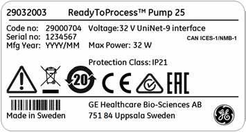 ReadyToProcess Pump 25n laitemerkintä 2 Turvaohjeet 2.2 Merkinnät 2.2.1 Laitemerkinnät Seuraavassa esimerkkikuvassa nähdään pumpun takapaneelissa sijaitseva merkintä.