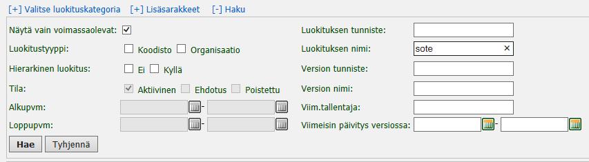 Luokituslistauksen sarakkeita voi lisätä tai poistaa näytöltä klikkaamalla Lisäsarakkeet-linkki ja valitsemalla