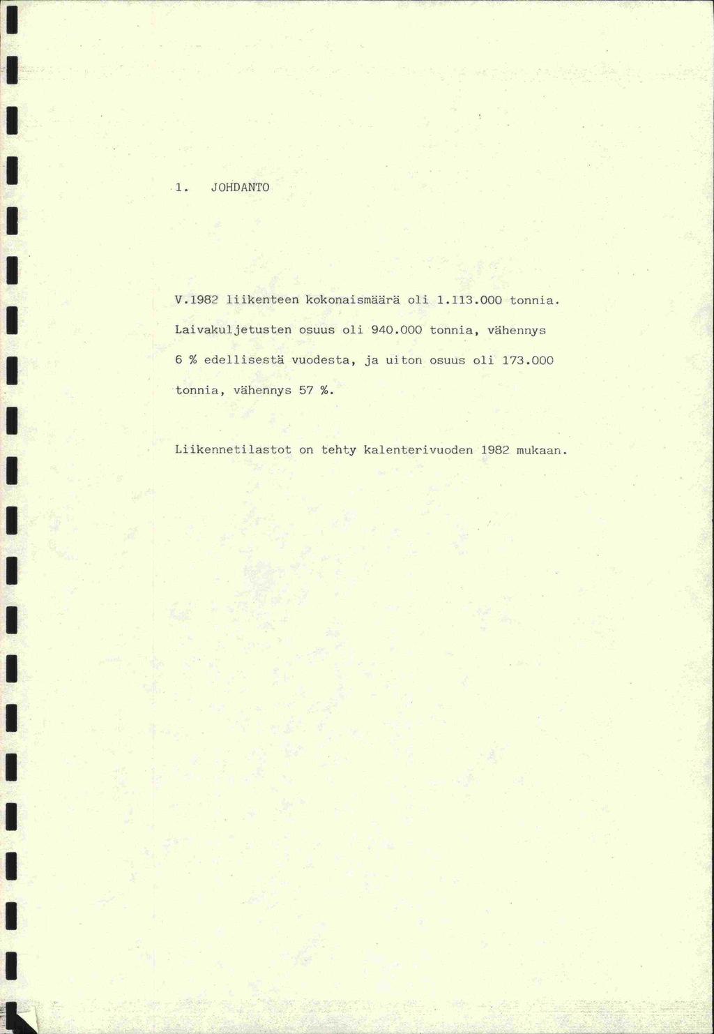 tonnia, 1. JOHDANTO V.1982 liikenteen kokonaismäärä oli 1.113.000 tonnia. Laivakuijetusten osuus oli 940.