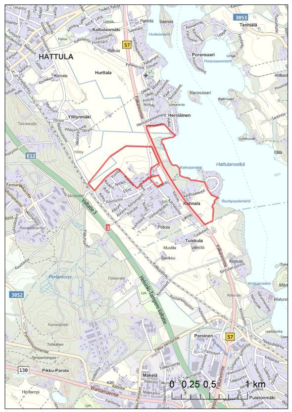 2. SELVITYSALUEEN YLEISKUVAUS Selvitysalue 1 sijoittuu Hattulan kunnan eteläosaan Pälkäneentien (57) länsipuolelle.