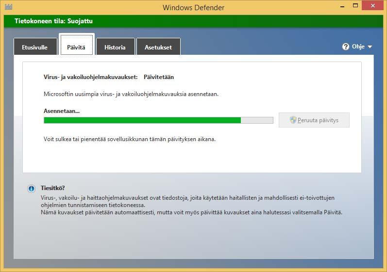 Virustunnisteiden päivitys Avaa Windows Defender -ohjelma ja siirry Päivitys (Update) -välilehdelle.
