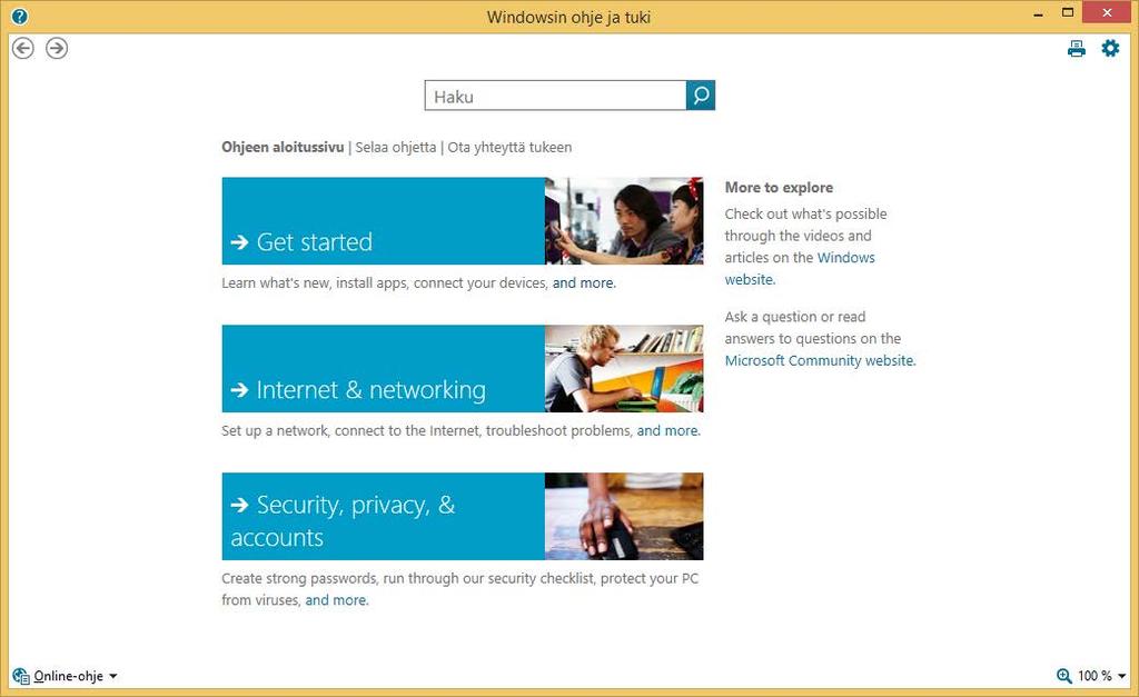 Ohjeen (Help) käyttö Tarvitsemmee joskus opastusta tietoteknisiin toimiin. Windows 8.1 sisältää käytönaikaiset ohjeet. Ohjeita lukemalla saat lisätietoa eri toiminnoista ja aiheista.