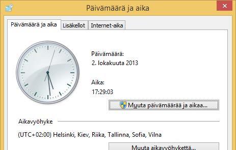 Kellon ja päivämäärän vaihdat Ohjauspaneeli (Control Panel) -ohjelmaikkunan kautta napsauttamalla Päivämäärä ja aika (Date and Time) -komentoa.