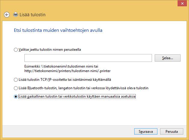 Selaa-painike Kuva 85 Lisää tulostin ( Add printer) - valintaikkuna - vaihe 2 Valitsen valintaikkunassa Lisää paikallinen tulostin tai verkkotulostin käyttäen manuaalisia asetuksia (Add a local