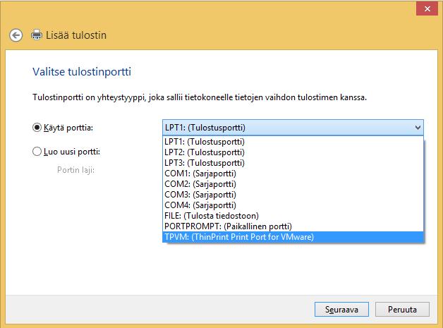 Porttiluettelo Kuva 86 Lisää tulostin ( Add printer) - valintaikkuna - vaihe 3 Minä asennan tulostinta virtuaalikoneeseen.