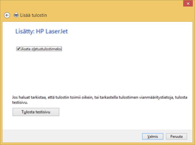 Asetus oletustulostimeksi Kuva 89 Lisää tulostin ( Add printer) - valintaikkuna - vaihe 6 Napsauttamalla Tulosta testisivu (Print a test