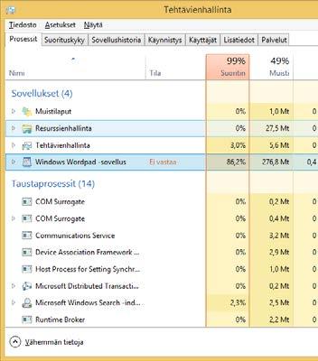 Ongelmien ratkaiseminen Tehtävienhallinta (Task Manager) Valitettavasti Windows 8.1 ja siihen tehdyt ohjelmat eivät ole läheskään täydellisiä, joten ne kaatuvat ajoittain.