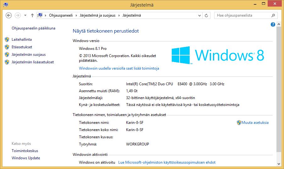 Seuraavaksi tutkitaan mikä Windows-versio meillä on käytössä, millainen on työaseman prosessori, paljonko keskusmuistia on käytössä ja onko käyttöjärjestelmä asennettu 32- vai 64-bittisenä.