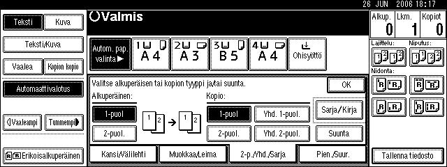 Kopiointitoiminnot -puolinen, 16 sivua -puolinen yhdistetty Kopioi 8 kaksipuolista alkuperäisarkkia yhdelle kopioarkille, kahdeksan sivua kummallekin puolelle. 1 Etupuoli Taustapuoli A Paina [-p./yhd.