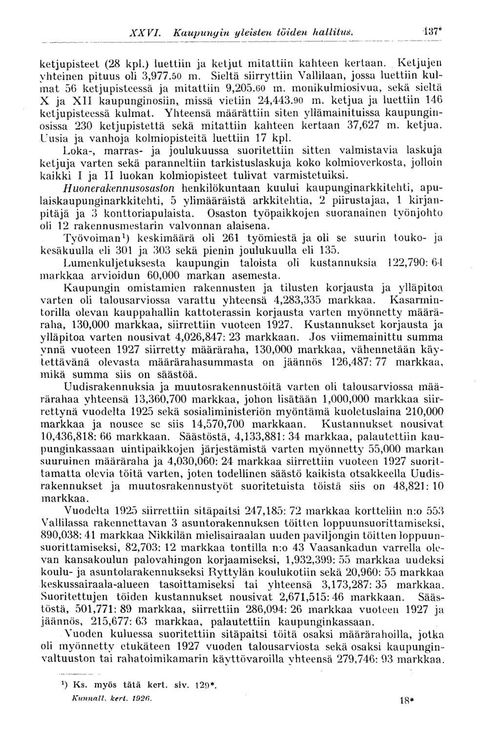 XXVI. Kaupungin yleisten töiden hallitus* 137* ketjupisteet (28 kpl.) luettiin ja ketjut mitattiin kahteen kertaan. Ketjujen yhteinen pituus oli 3,977.50 m.