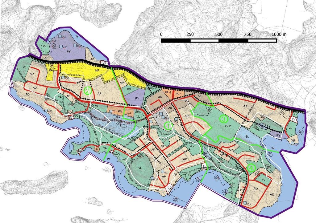 Kuva 3. Kaavaluonnoksen (16.9.2014) merkinnät ja tärkeimmät lepakkoalueet (valkoinen viiva).