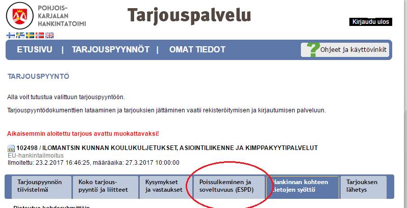 ESPD lomake Käytännössä kieliasultaan ja