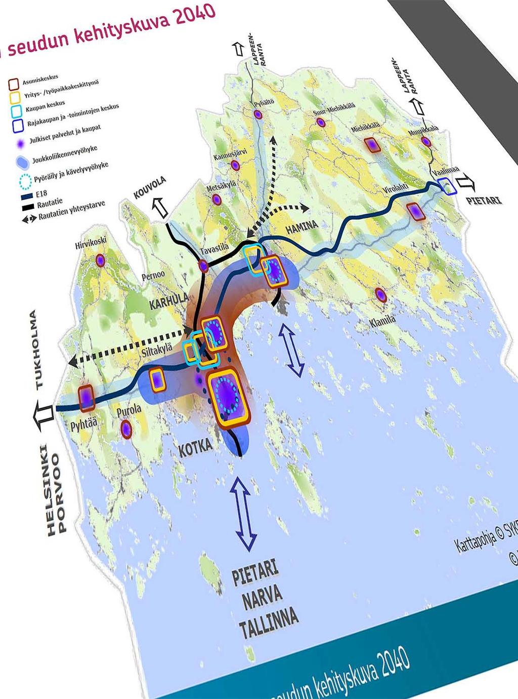 Kehityskuva Kaavoituksella kehitetään kokonaisuutta rohkeasti kohti uusia ratkaisuja osayleiskaava keskusta / Karhula Sitouduttu Kymenlaakson liikennestrategiaan Seudun stryk Näkyvyys sosiaalinen