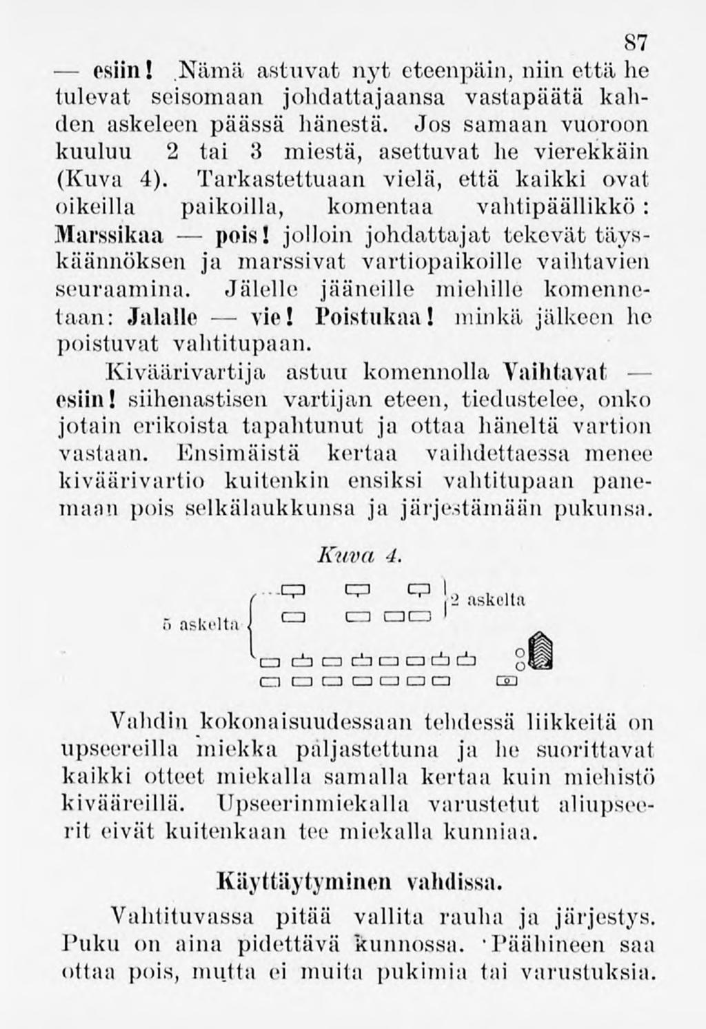 87 osiin! Nämä astuvat nyt eteenpäin,niin ettähe tulevat seisomaan johdattajaansa vastapäätä kahden askeleen päässä hänestä. Jos samaan vuoroon kuuluu 2 tai 3 miestä, asettuvat he vierekkäin (Kuva 4).