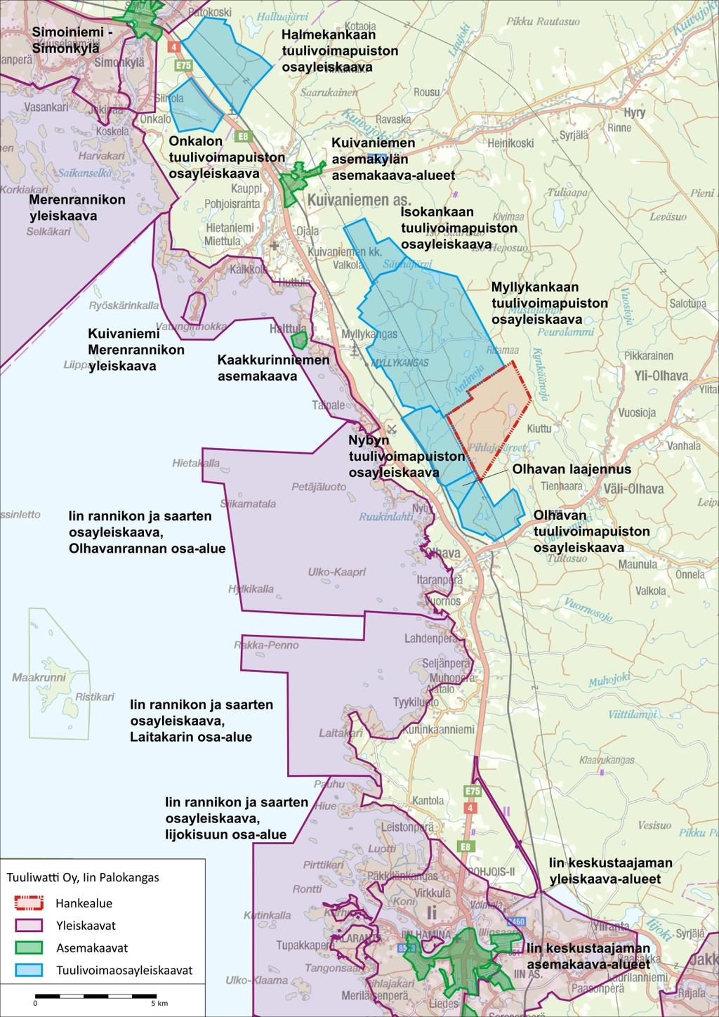 vimapuistn sayleiskaava-alue eteläpulella. Lisäksi vireillä levan Iskankaan tuulivimapuistn sayleiskaava-alue sijittuu lähelle (nin 5,8 km luteeseen, etäisyys kaava-alueen rajasta).