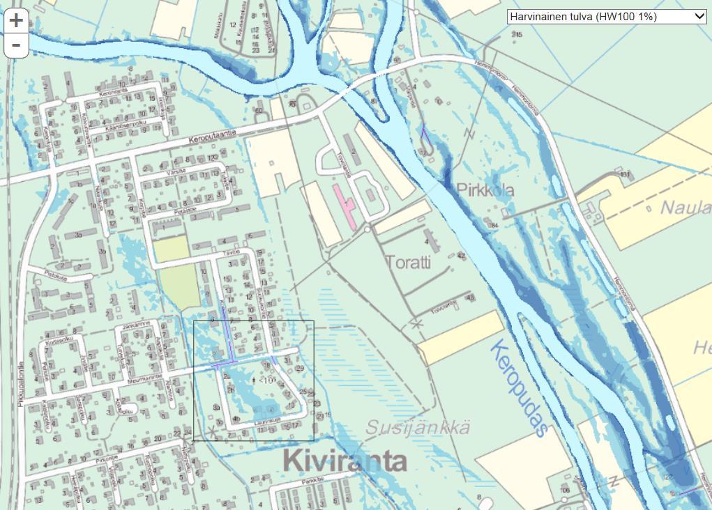 8 SUUNNITTELUALUE KUVA 4. Kerran sadassa vuodessa esiintyvän harvinaisen tulvan vahinkoalueet tummansinisinä alueina. 3.1.3 Rakennettu ympäristö 3.1.4 Maanomistus 3.
