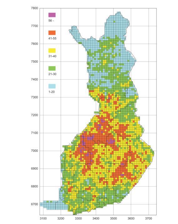 29 KUVIO 15. Salamoiden keskimääräinen vuotuinen määrä 10 10 km ruuduilla Suomessa vuosina 1998-2010. (Mäkelä 2010.
