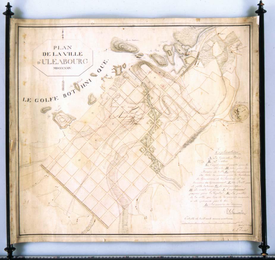 Oulun keskustan asemakaava vuodelta 1824. Asemakaavan ovat laatineet J.A. Ehrenström ja C.L. Engel. Oulun historialliset kartat, Oulun kaupunki. M.G. Fillmerin kartassa vuodelta 1802 (Nymansson 1a.