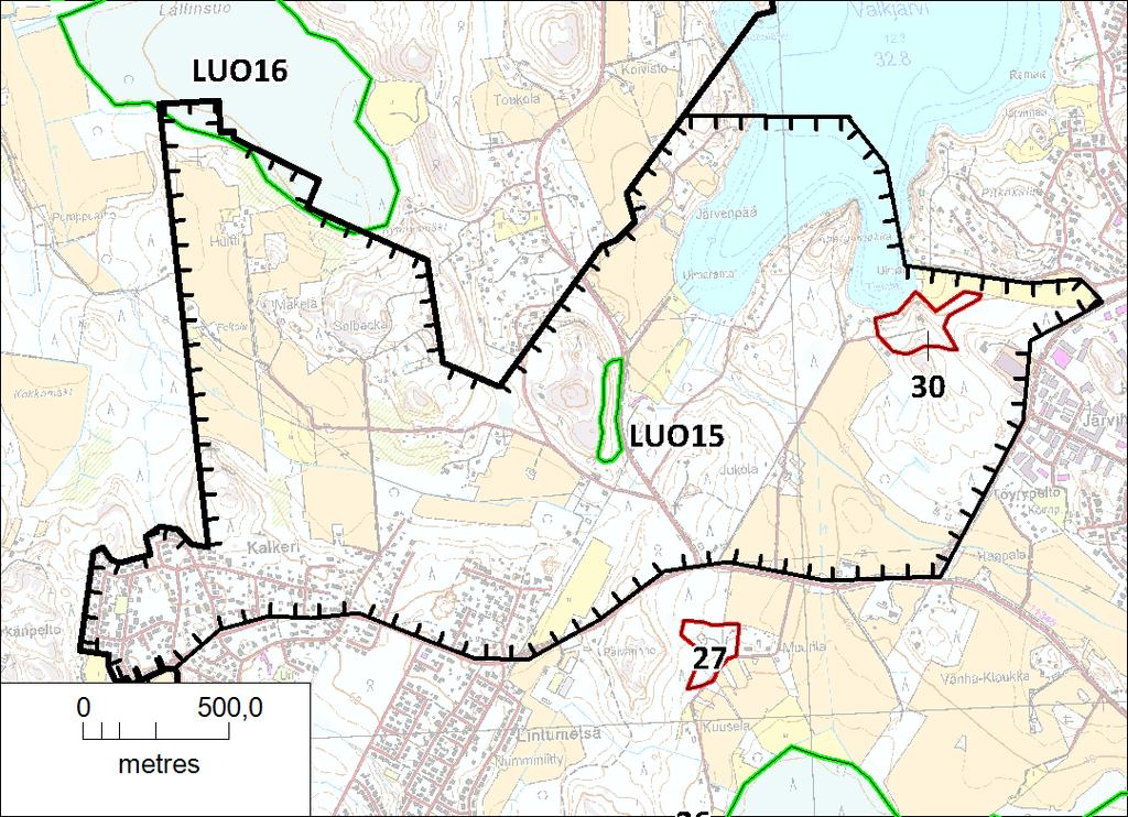 Kuva 10. Osa-alue 9. Liito-oravakohteet on numeroitu punaisella ja luontokohteet vihreällä. 3.2 ARVOKKAAT LUONTOKOHTEET 3.2.1 Natura-alueet Yleiskaava-alueella on yksi Natura 2000 -alue.