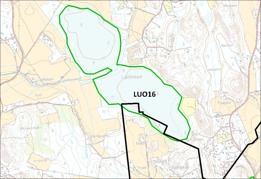 Kuva 22. Lallinsuon luontokohteen rajaus on merkitty vihreällä ja osayleiskaava-alueen raja mustalla. 3.3 LUONTODIREKTIIVIN LIITTEEN IV(A) LAJIT 3.3.1 Liito-orava Liito-oravasta, lepakoista ja saukosta on tehty havaintoja osayleiskaava-alueella.