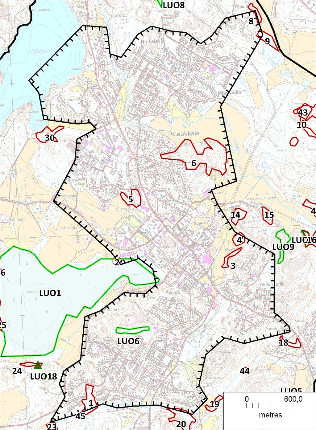 Järvimaan hakkuita Valkjärven länsipuolisessa metsässä. Kuva 2. Osa-alue 1. Liito-oravakohteet on merkitty punaisella ja luontokohteet vihreällä.